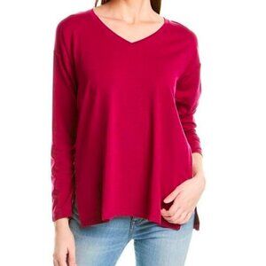 Eileen Fisher V-Neck Long Sleeve Boxy Tee T-Shirt Cranberry Red Tencel Oversized